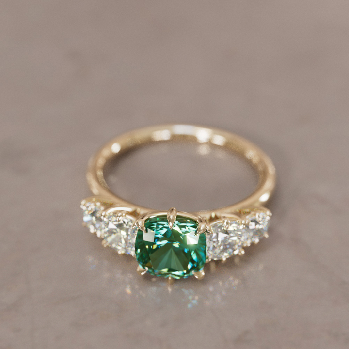 Cushion Cut Green Sapphire and Diamond Engagement Ring, Five Stone Ring By Valley Rose