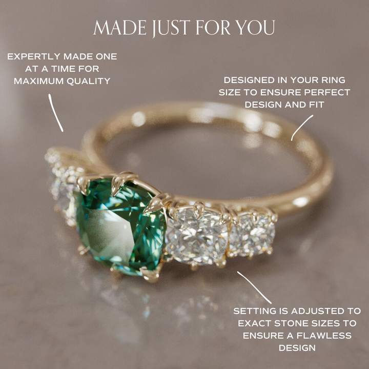 Cushion Cut Green Sapphire and Diamond Engagement Ring, Five Stone Ring By Valley Rose