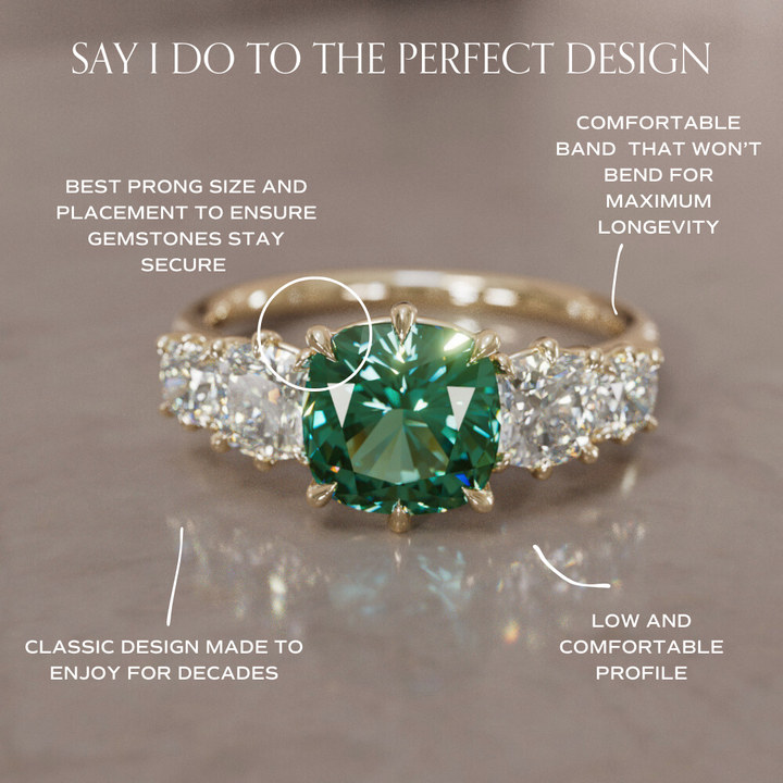 Cushion Cut Green Sapphire and Diamond Engagement Ring, Five Stone Ring By Valley Rose
