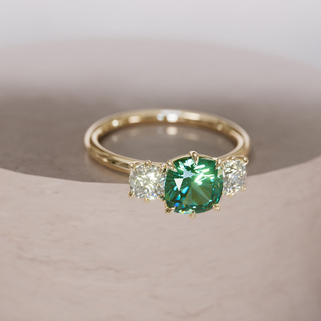 Cushion Cut Green Sapphire and Diamond Engagement Ring, Three Stone Ring By Valley Rose