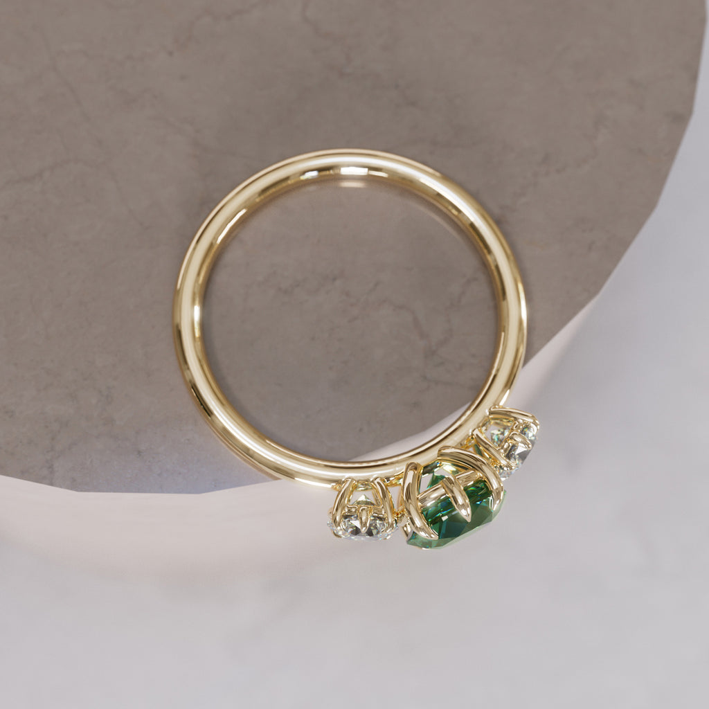 Cushion Cut Green Sapphire and Diamond Engagement Ring, Three Stone Ring By Valley Rose