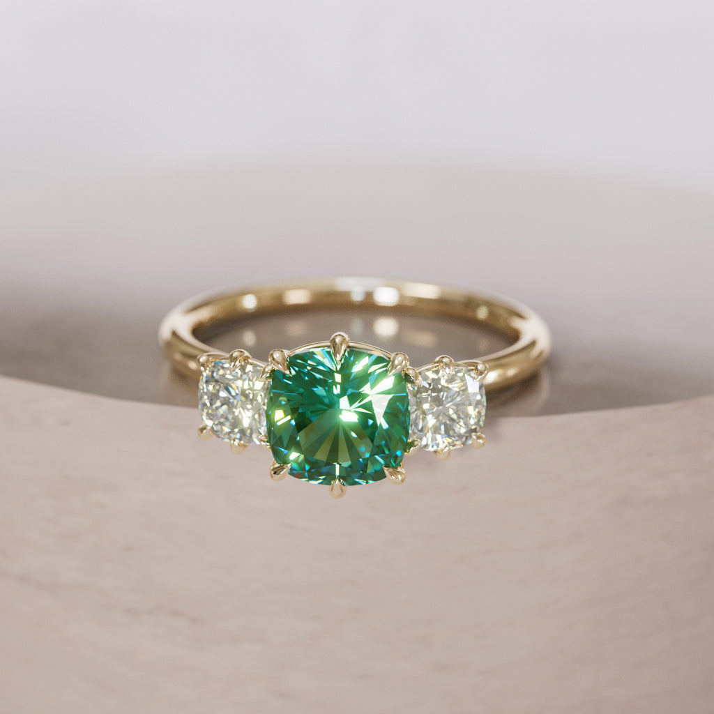 Cushion Cut Green Sapphire and Diamond Engagement Ring, Three Stone Ring By Valley Rose