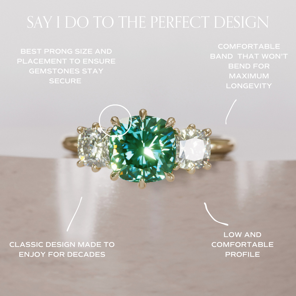 Cushion Cut Green Sapphire and Diamond Engagement Ring, Three Stone Ring By Valley Rose