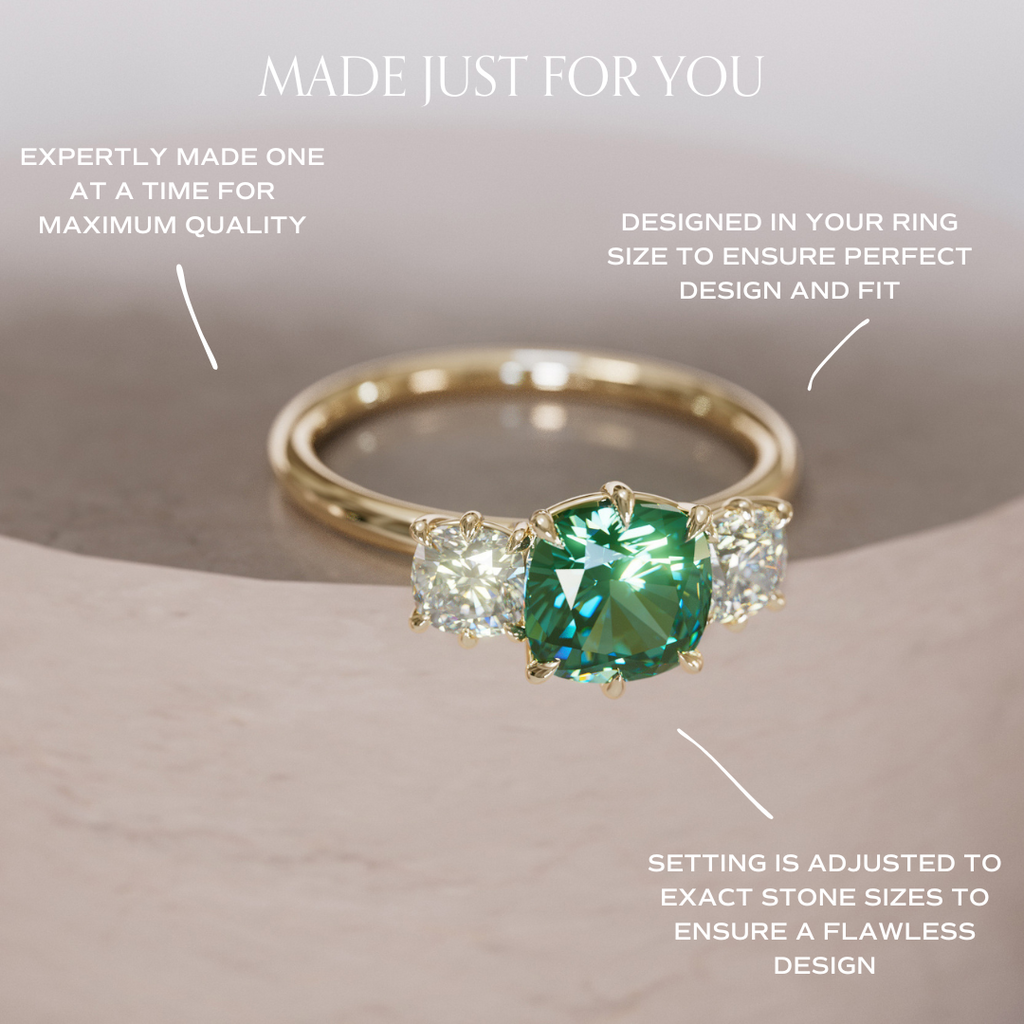Cushion Cut Green Sapphire and Diamond Engagement Ring, Three Stone Ring By Valley Rose