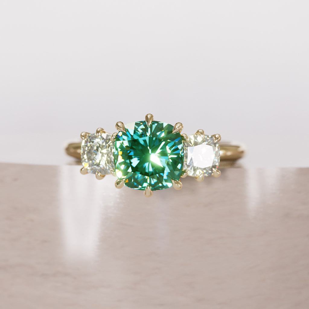 Cushion Cut Green Sapphire and Diamond Engagement Ring, Three Stone Ring By Valley Rose