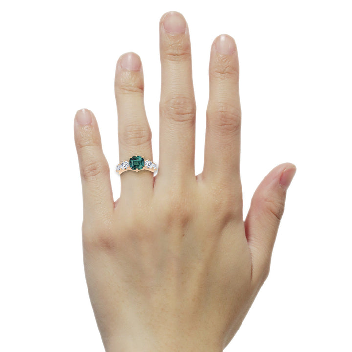 Cushion Cut Teal Sapphire and Diamond Engagement Ring, Five Stone Ring By Valley Rose