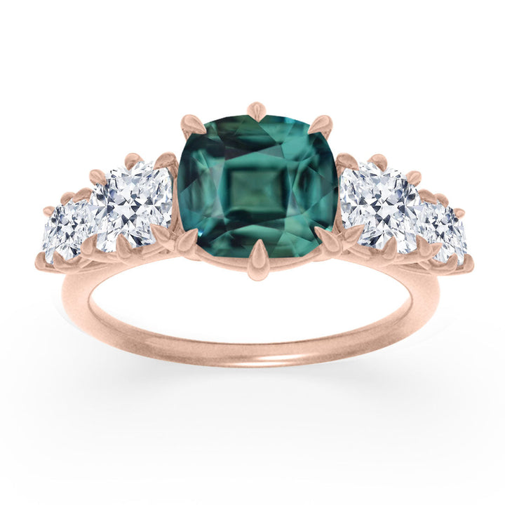 Cushion Cut Teal Sapphire and Diamond Engagement Ring, Five Stone Ring By Valley Rose