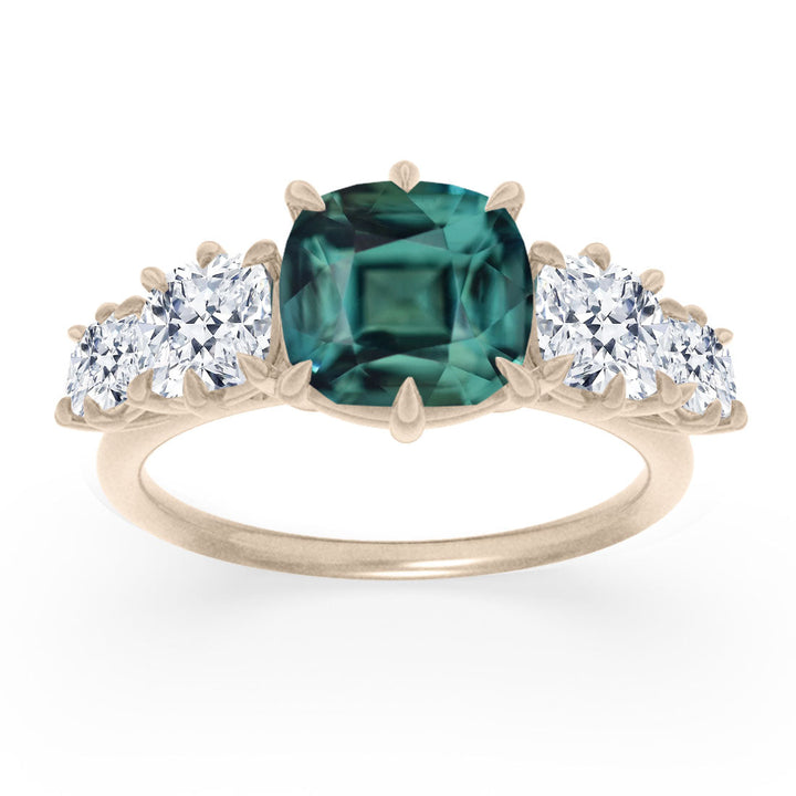 Cushion Cut Teal Sapphire and Diamond Engagement Ring, Five Stone Ring By Valley Rose