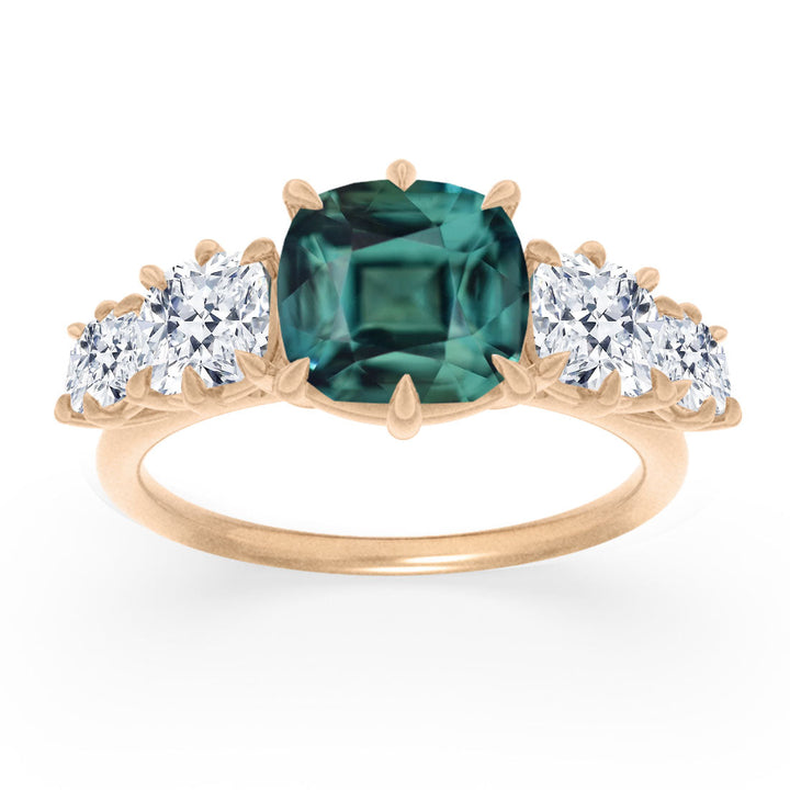 Cushion Cut Teal Sapphire and Diamond Engagement Ring, Five Stone Ring By Valley Rose