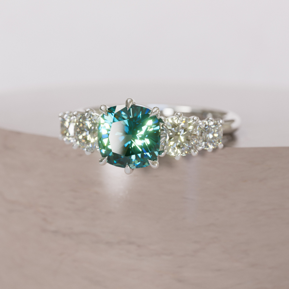 Cushion Cut Teal Sapphire and Diamond Engagement Ring, Five Stone Ring By Valley Rose