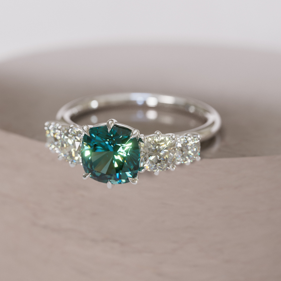 Cushion Cut Teal Sapphire and Diamond Engagement Ring, Five Stone Ring By Valley Rose