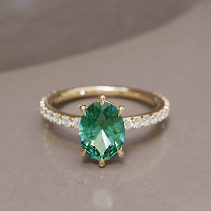 Oval Green Sapphire Engagement Ring Solitaire with Tiny Diamonds By Valley Rose
