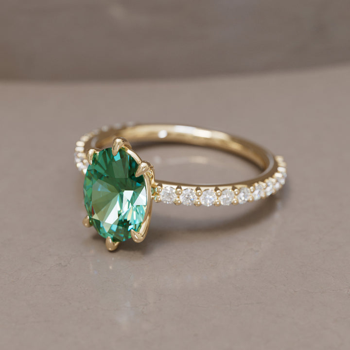Oval Green Sapphire Engagement Ring Solitaire with Tiny Diamonds By Valley Rose