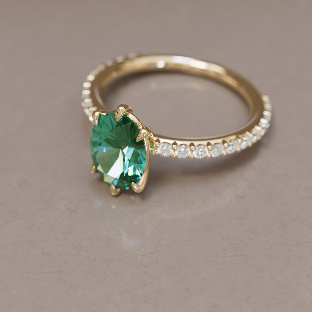 Oval Green Sapphire Engagement Ring Solitaire with Tiny Diamonds By Valley Rose
