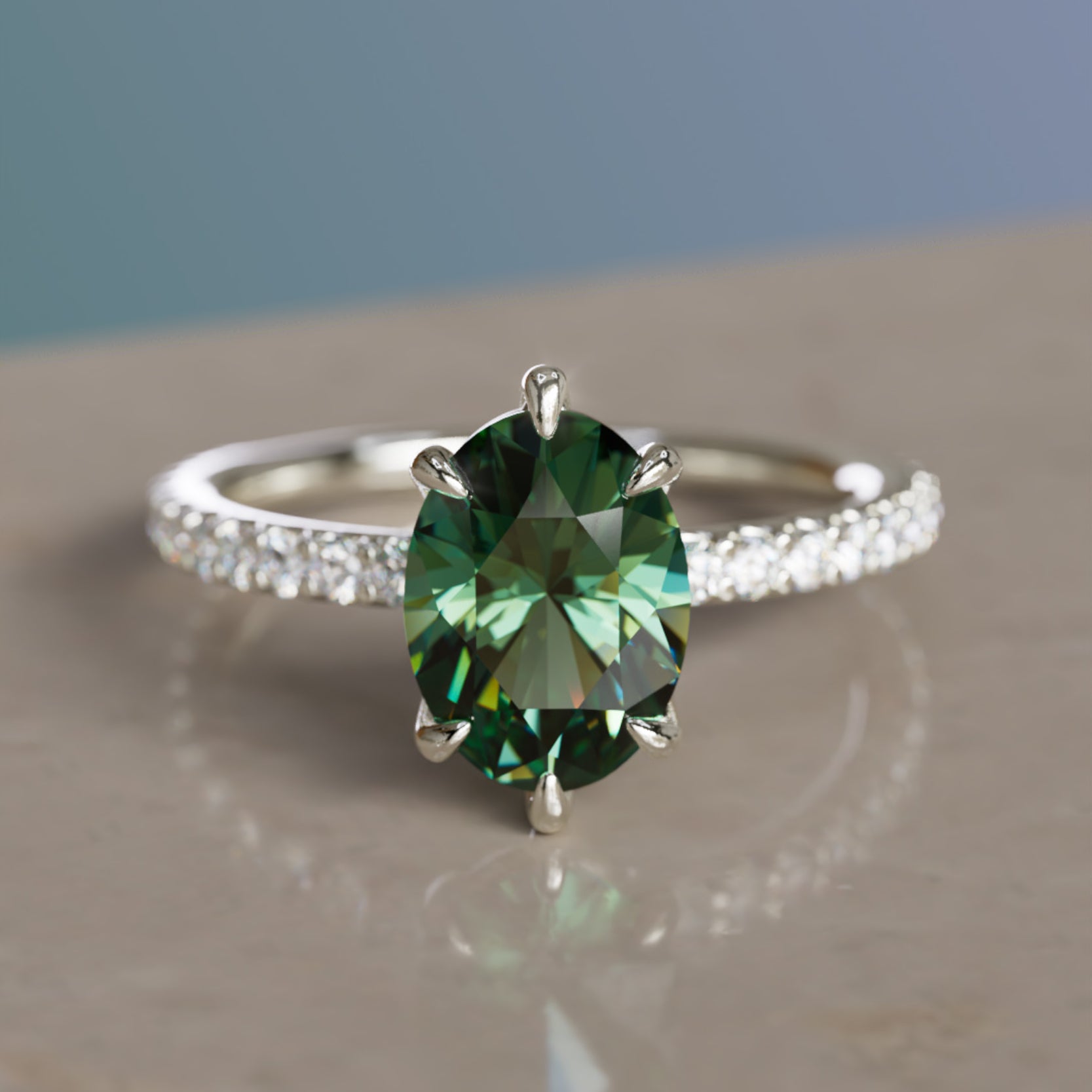 Oval Green Sapphire Engagement Ring Solitaire with Tiny Diamonds