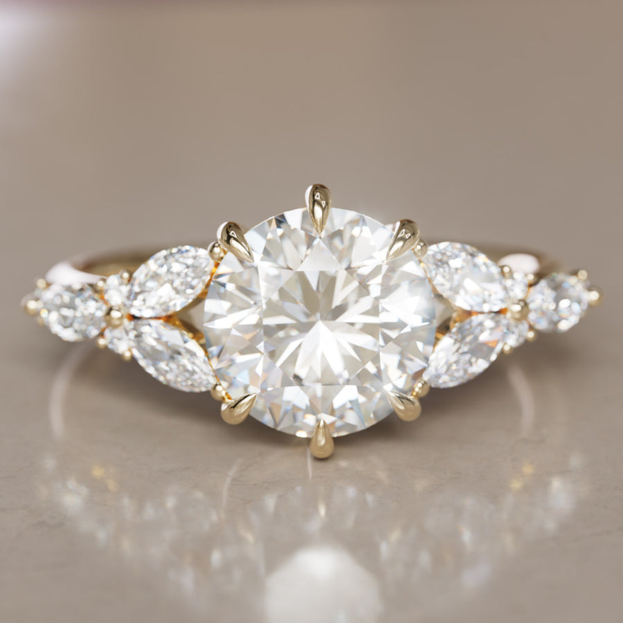 Dahlia: Flower Nature Engagement Ring with Round Cut Diamond in Yellow Gold, Rose Gold, White Gold Platinum By Valley Rose