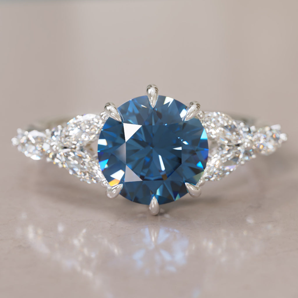 Dahlia Round Blue Sapphire Engagement Flower Ring Nature Inspired By Valley Rose