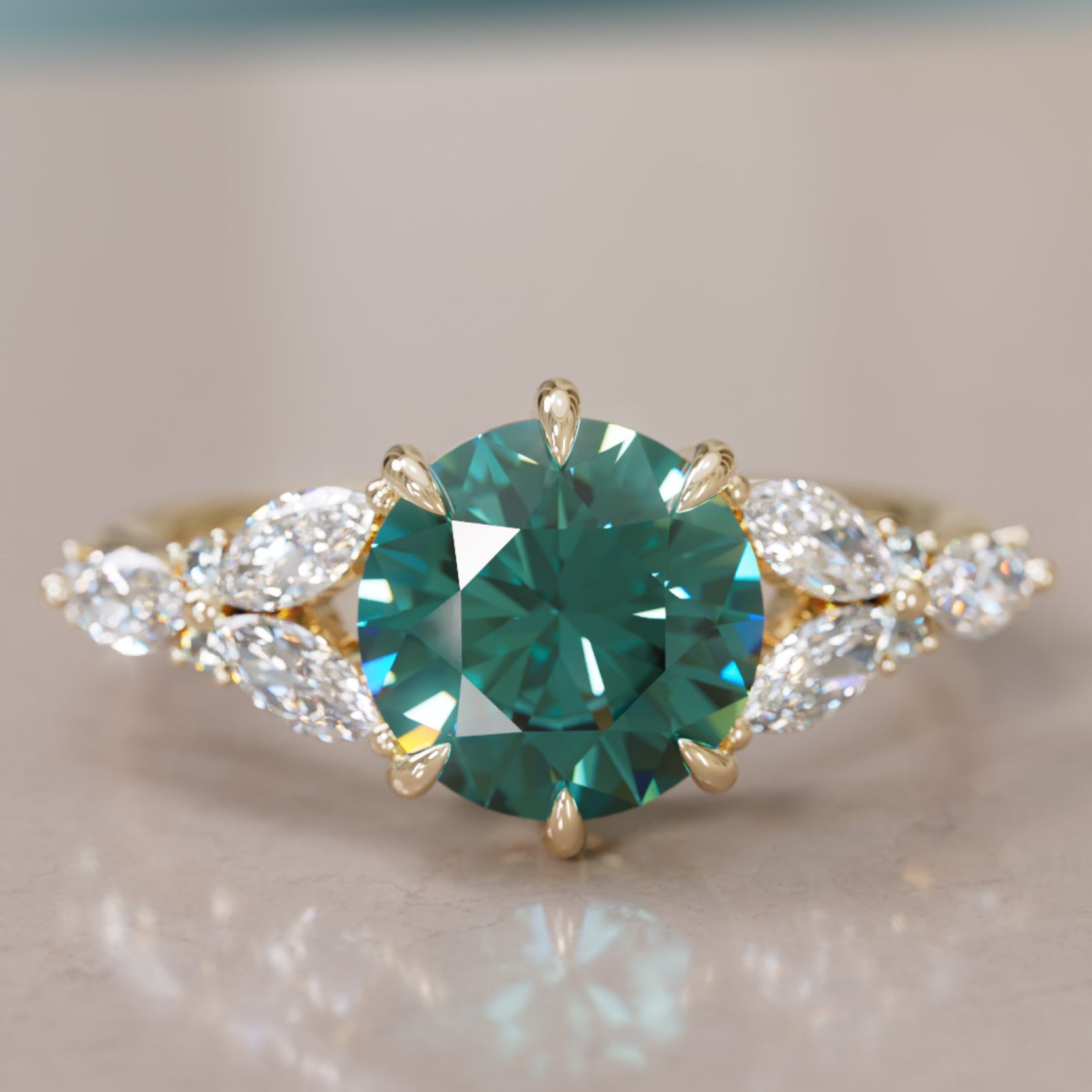 Dahlia Round Teal Sapphire Engagement Flower Ring Nature Inspired (Set ...