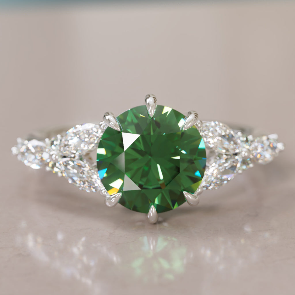 Dahlia Round Green Sapphire Engagement Flower Ring Nature Inspired
