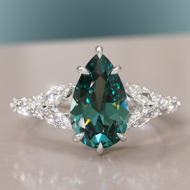 Peony Pear Teal Sapphire Engagement Flower Ring Nature Inspired