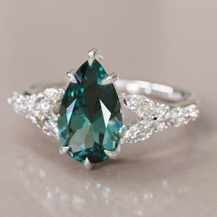 Peony Pear Teal Sapphire Engagement Flower Ring Nature Inspired