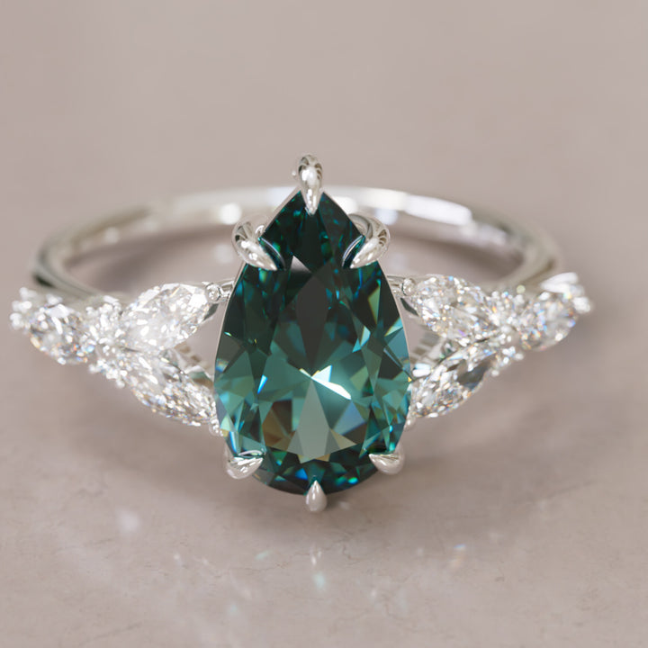 Peony Pear Teal Sapphire Engagement Flower Ring Nature Inspired