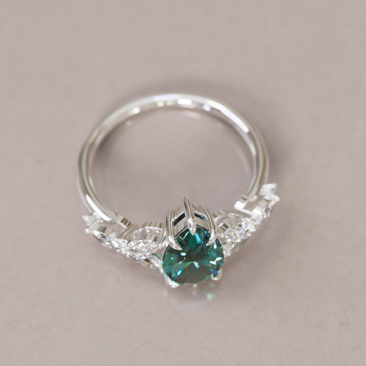 Peony Pear Teal Sapphire Engagement Flower Ring Nature Inspired