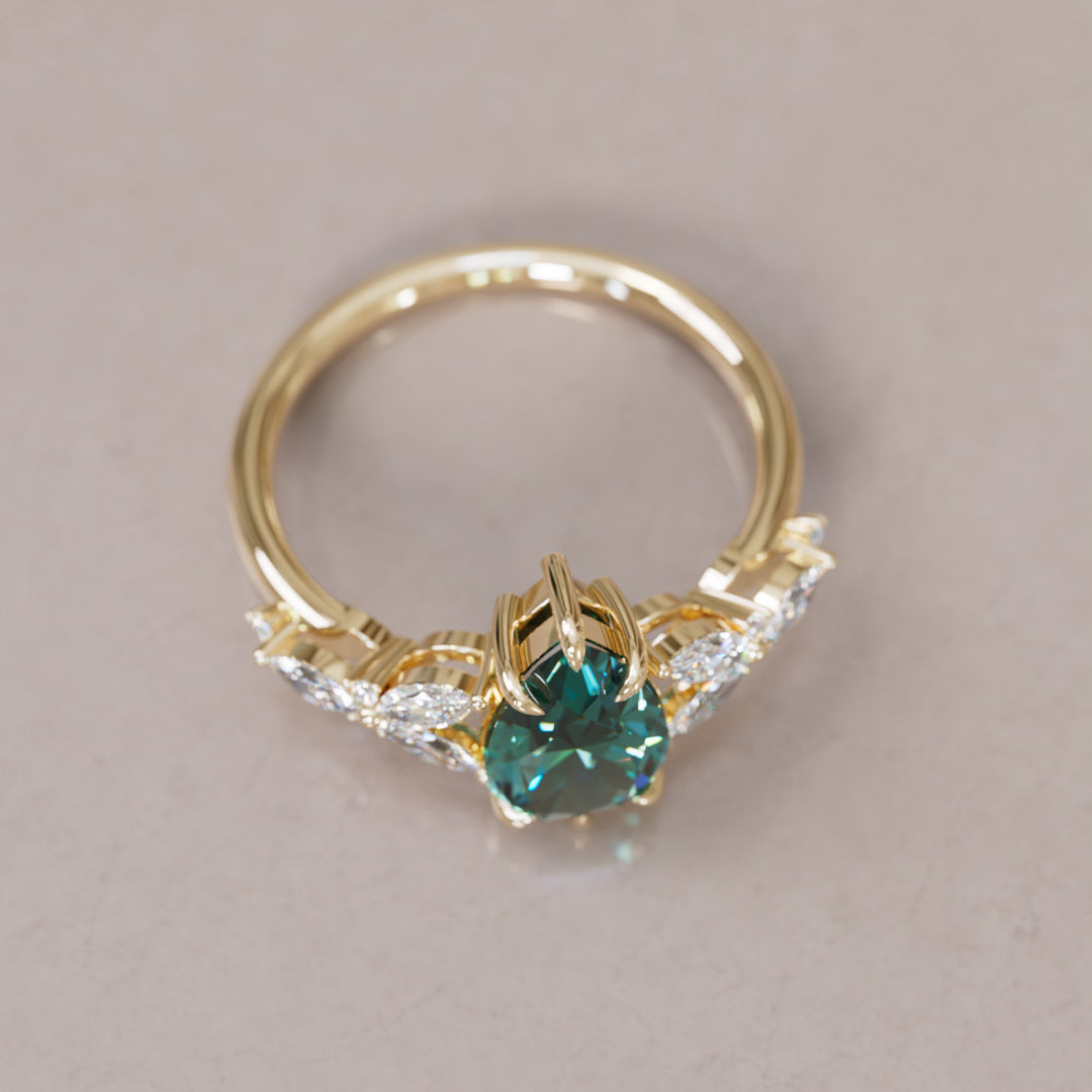 Peony Pear Teal Sapphire Engagement Flower Ring Nature Inspired