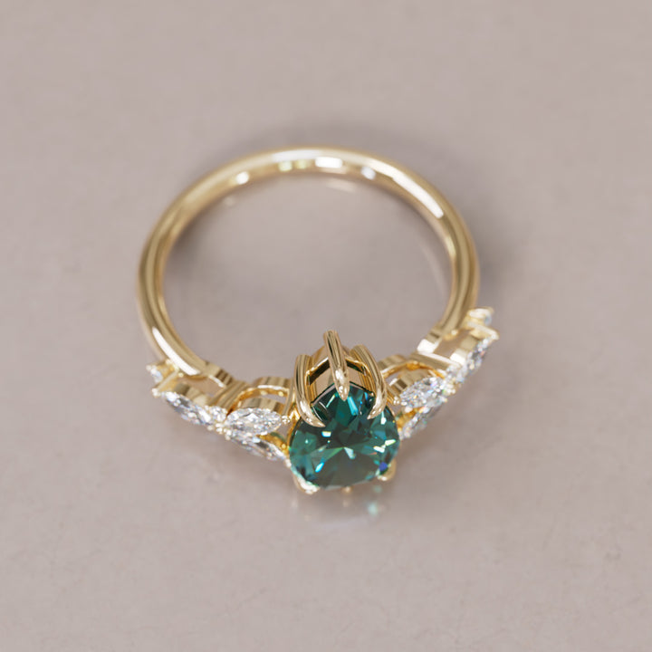Peony Pear Teal Sapphire Engagement Flower Ring Nature Inspired