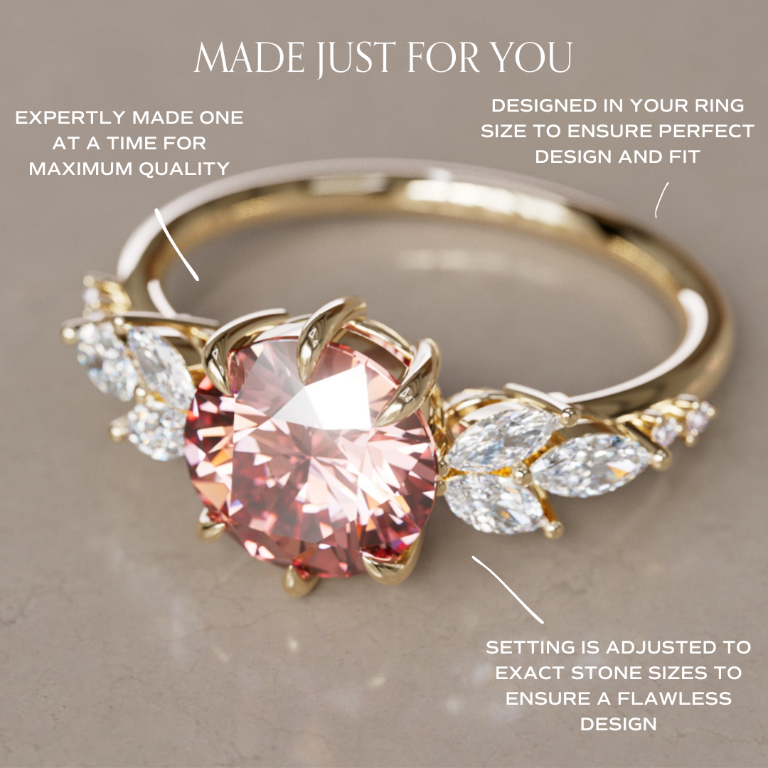 Flower Engagement Ring Nature Inspired with Pink Round Cut Diamond By Valley Rose