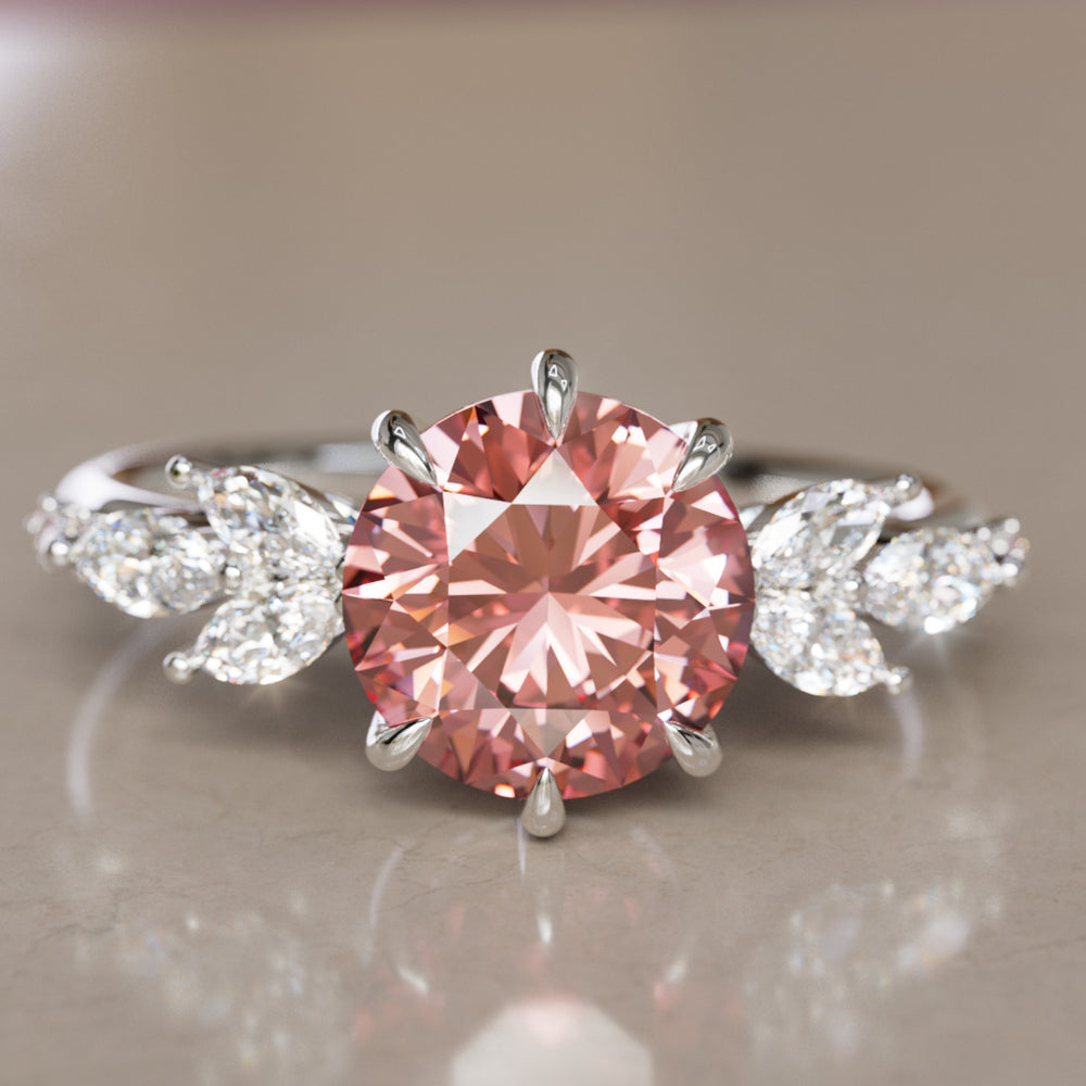 Flower Engagement Ring Nature Inspired with Pink Round Cut Diamond By Valley Rose