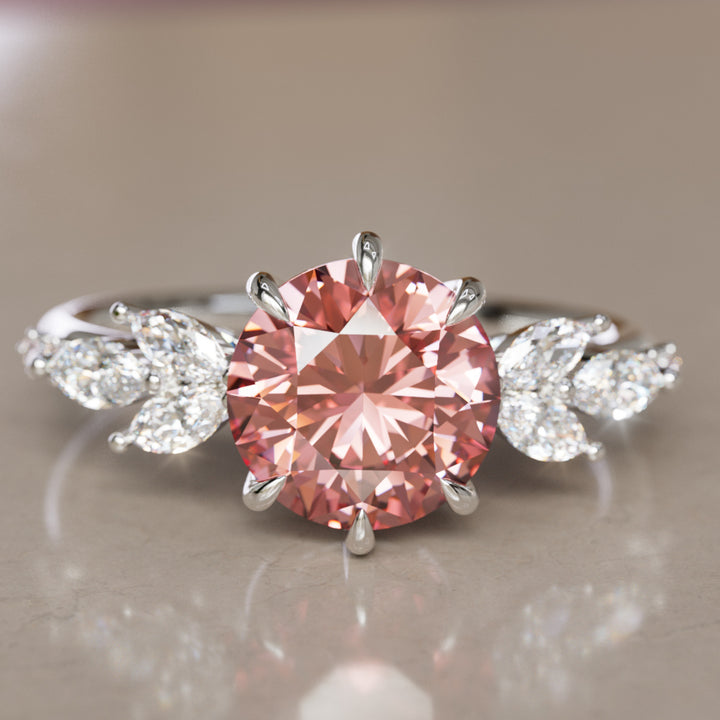 Flower Engagement Ring Nature Inspired with Pink Round Cut Diamond By Valley Rose