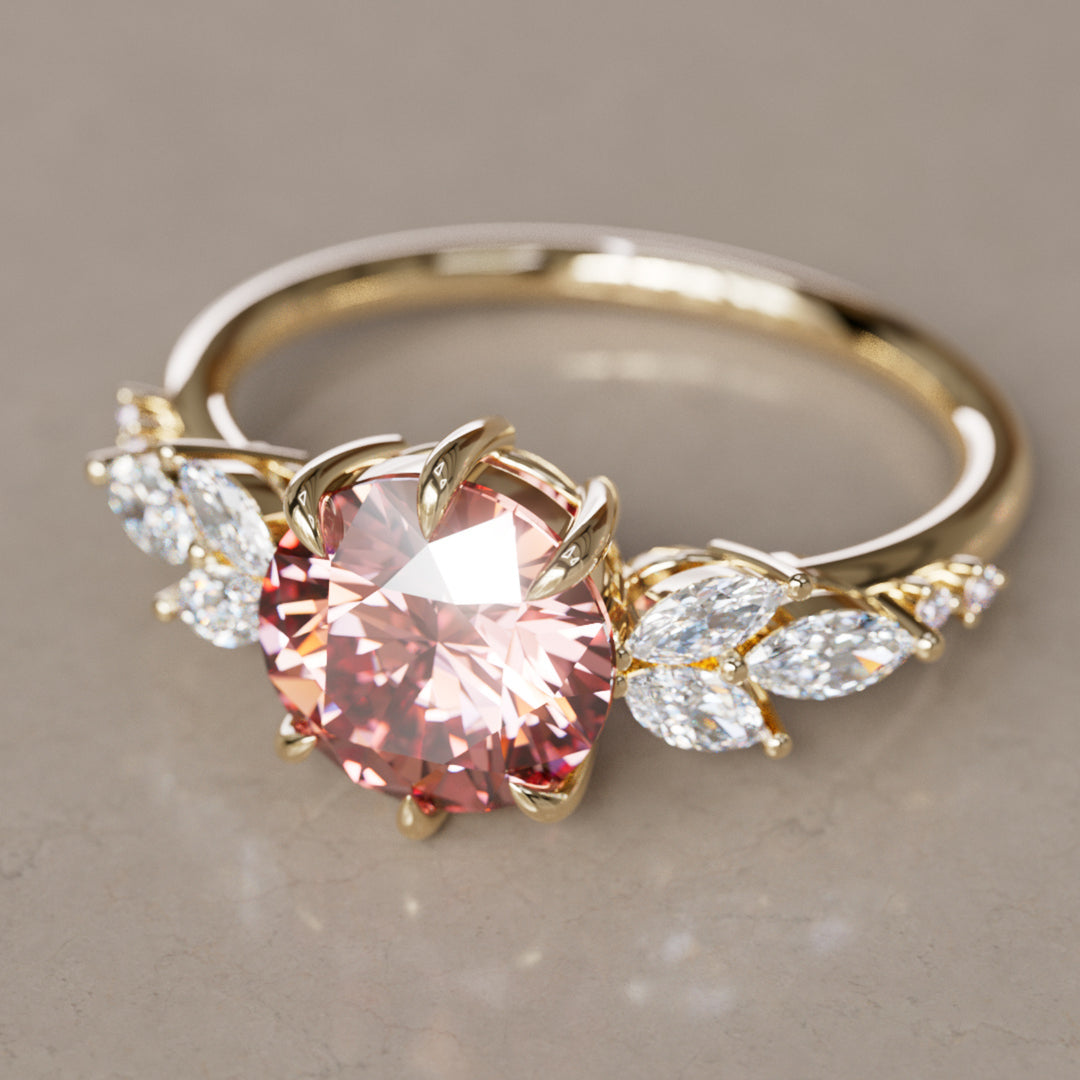 Flower Engagement Ring Nature Inspired with Pink Round Cut Diamond By Valley Rose