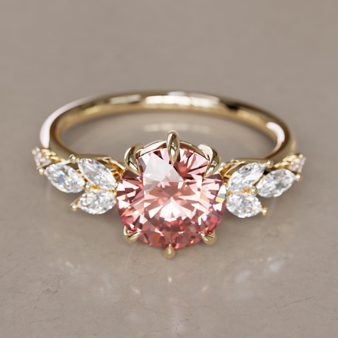 Flower Engagement Ring Nature Inspired with Pink Round Cut Diamond By Valley Rose