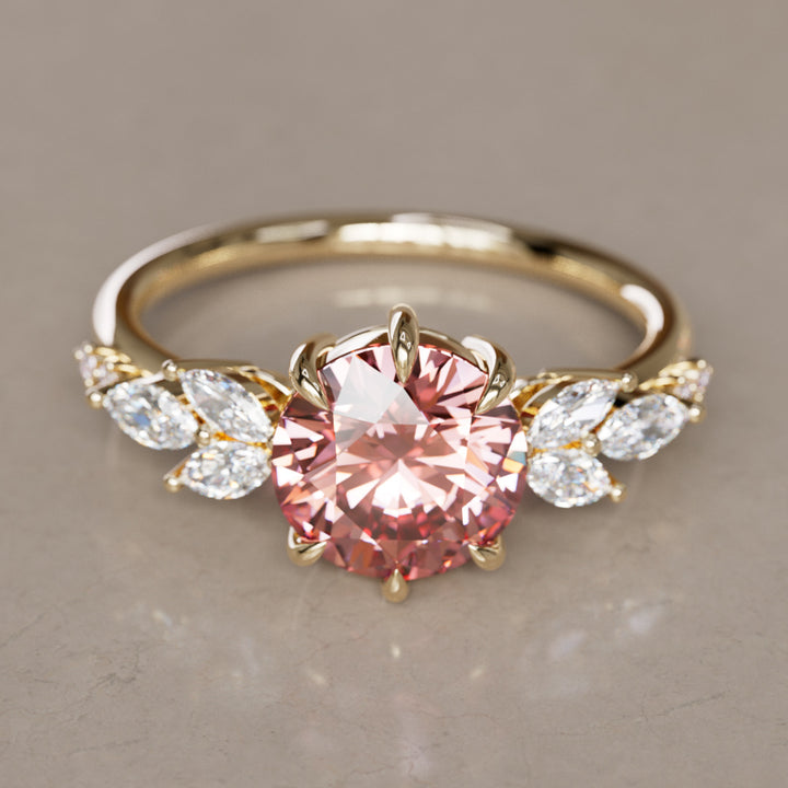 Flower Engagement Ring Nature Inspired with Pink Round Cut Diamond By Valley Rose