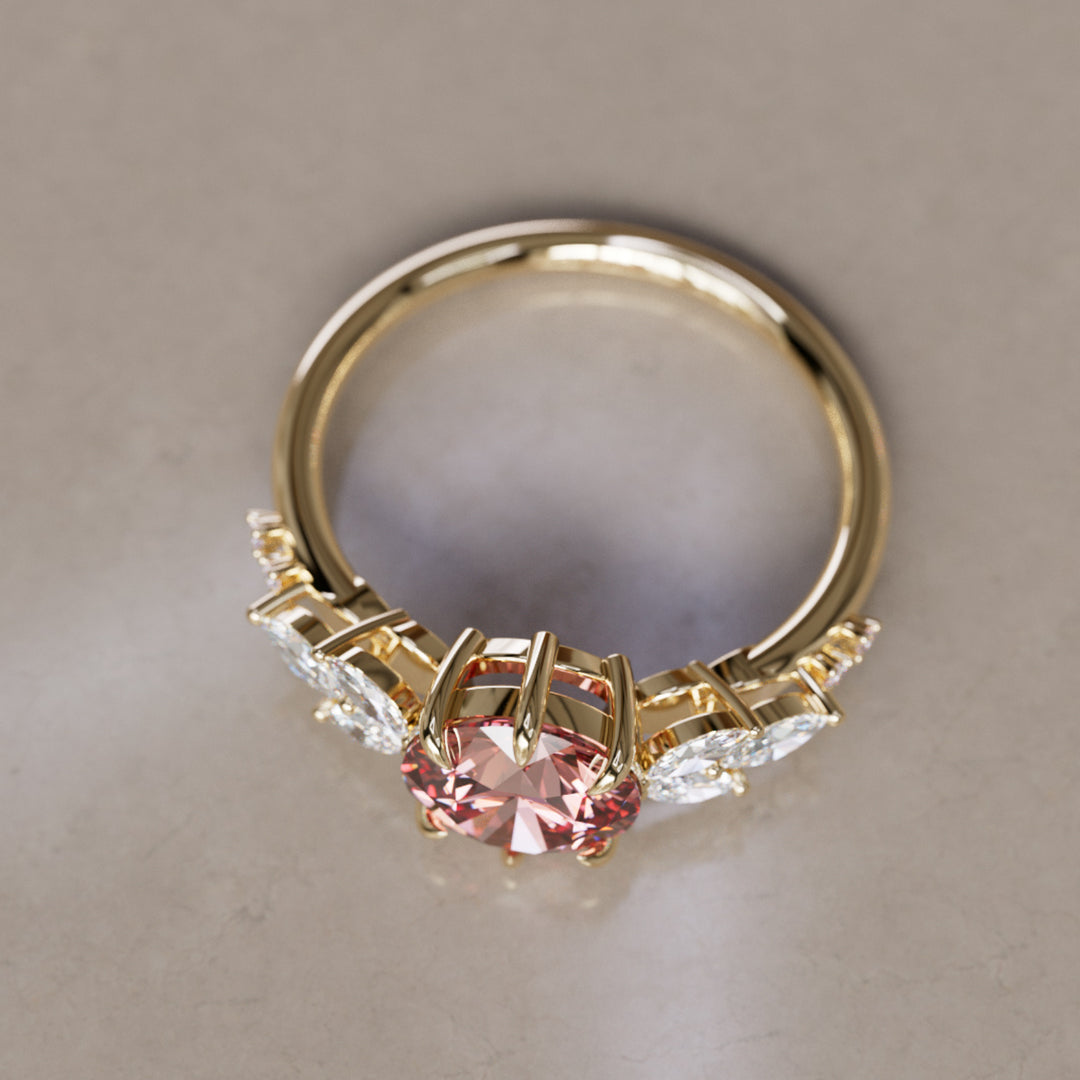 Flower Engagement Ring Nature Inspired with Pink Round Cut Diamond By Valley Rose