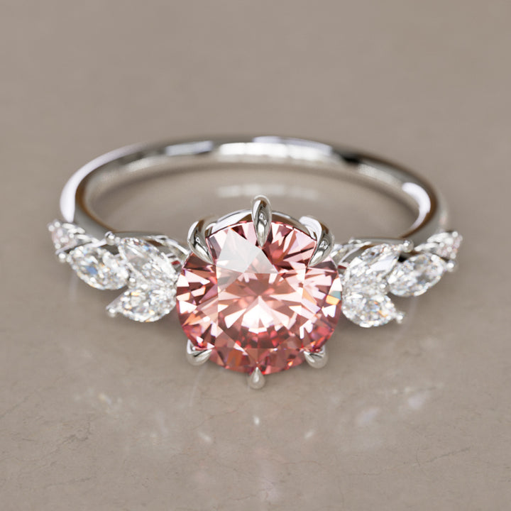 Flower Engagement Ring Nature Inspired with Pink Round Cut Diamond By Valley Rose