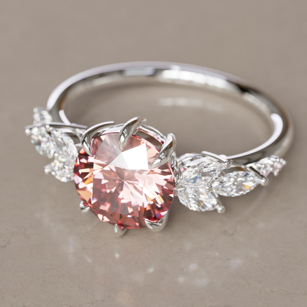 Flower Engagement Ring Nature Inspired with Pink Round Cut Diamond By Valley Rose