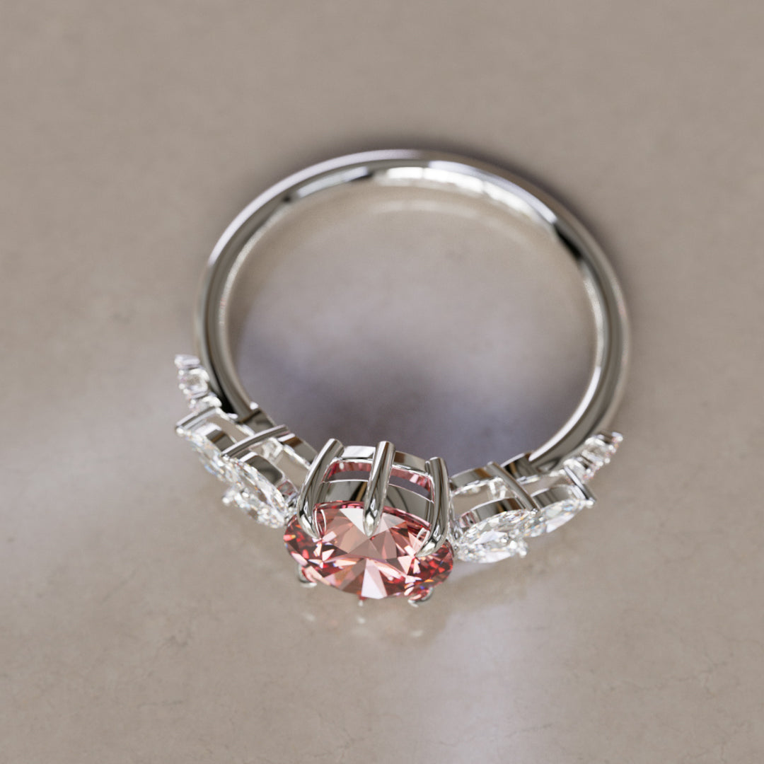 Flower Engagement Ring Nature Inspired with Pink Round Cut Diamond By Valley Rose