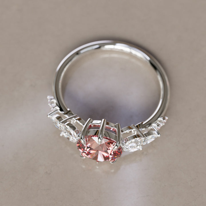 Flower Engagement Ring Nature Inspired with Pink Round Cut Diamond By Valley Rose