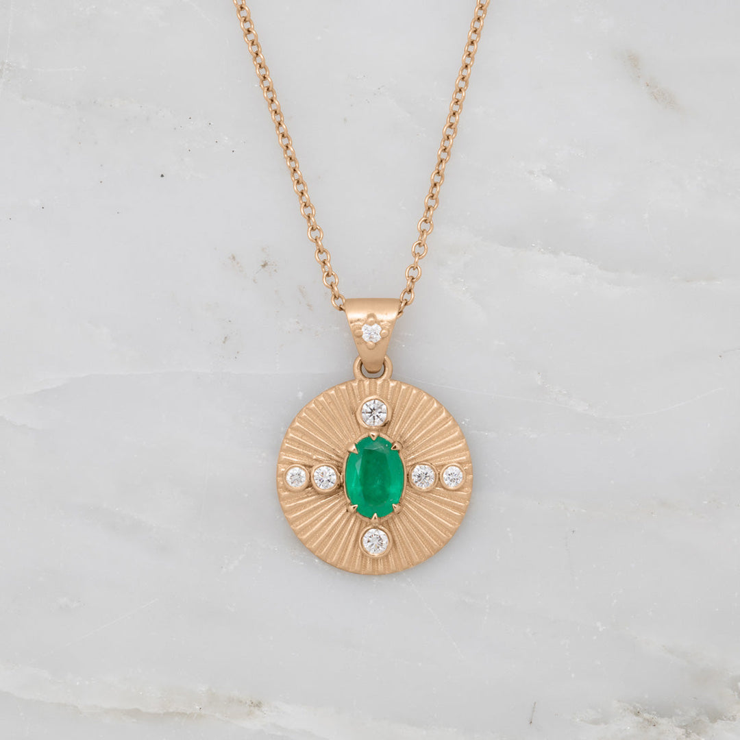 Oval Emerald and Diamond Fluted Gold Coin Charm By Valley Rose Ethical Jewelry
