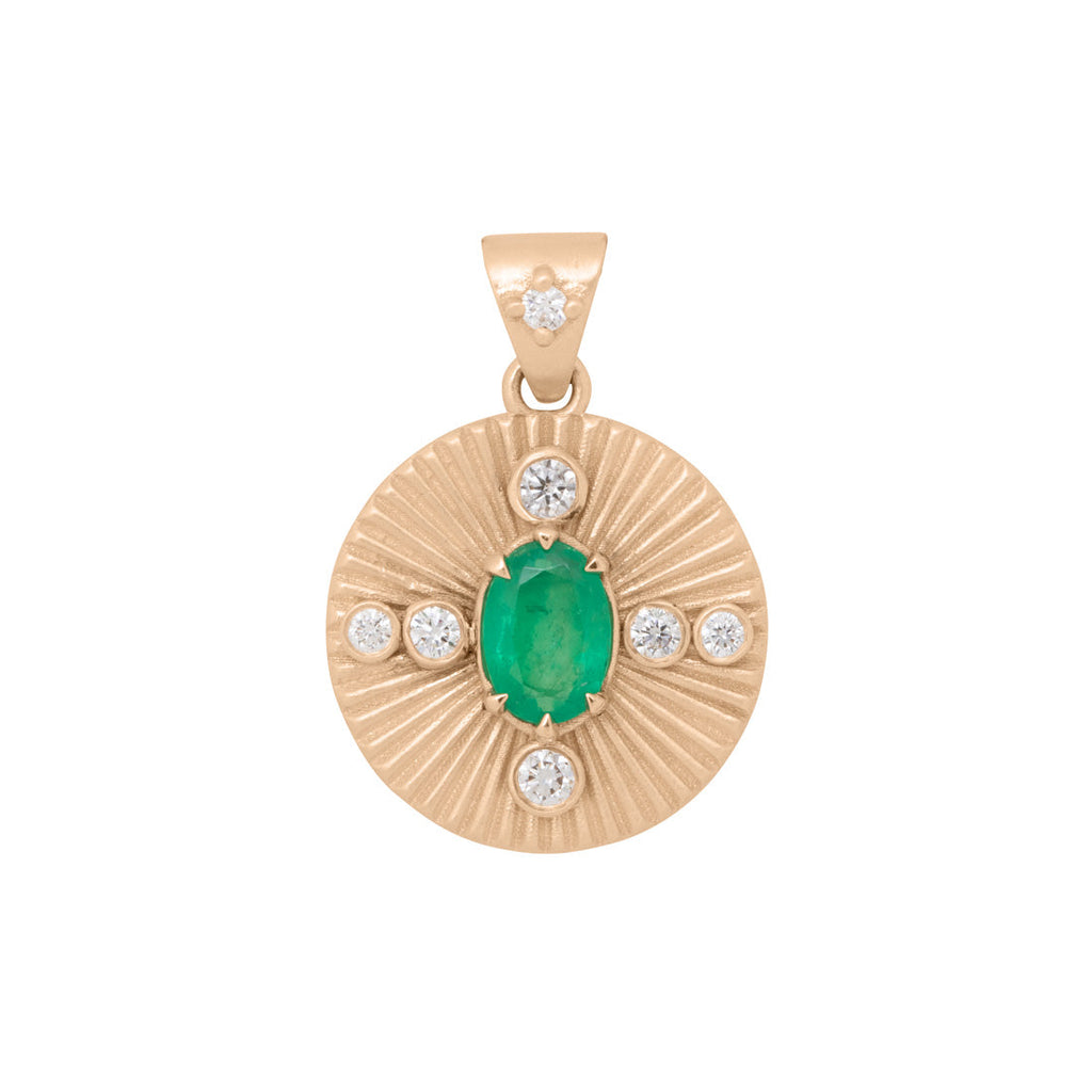 Oval Emerald and Diamond Fluted Gold Coin Charm By Valley Rose Ethical Jewelry