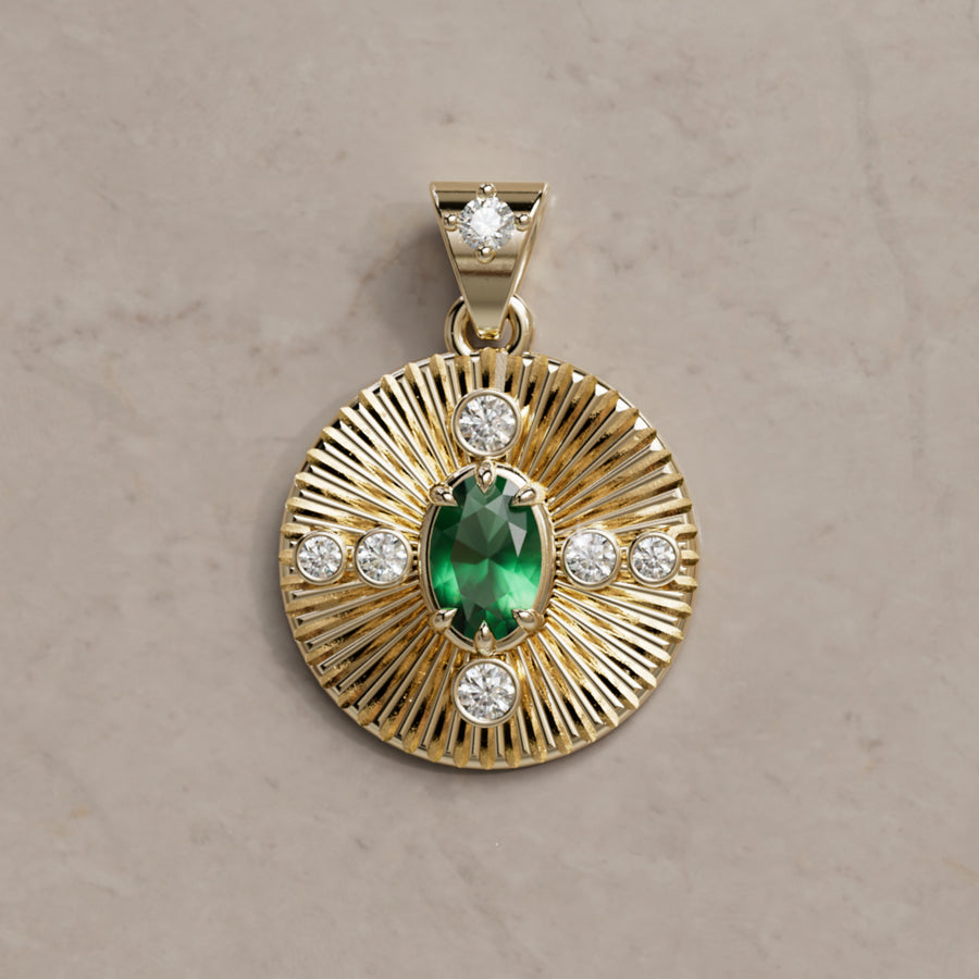 Damona Fluted Coin Pendant with Emerald and Lab Diamonds By Valley Rose