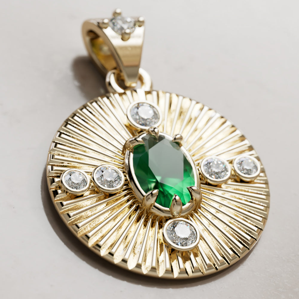 Damona Fluted Coin Pendant with Emerald and Lab Diamonds By Valley Rose