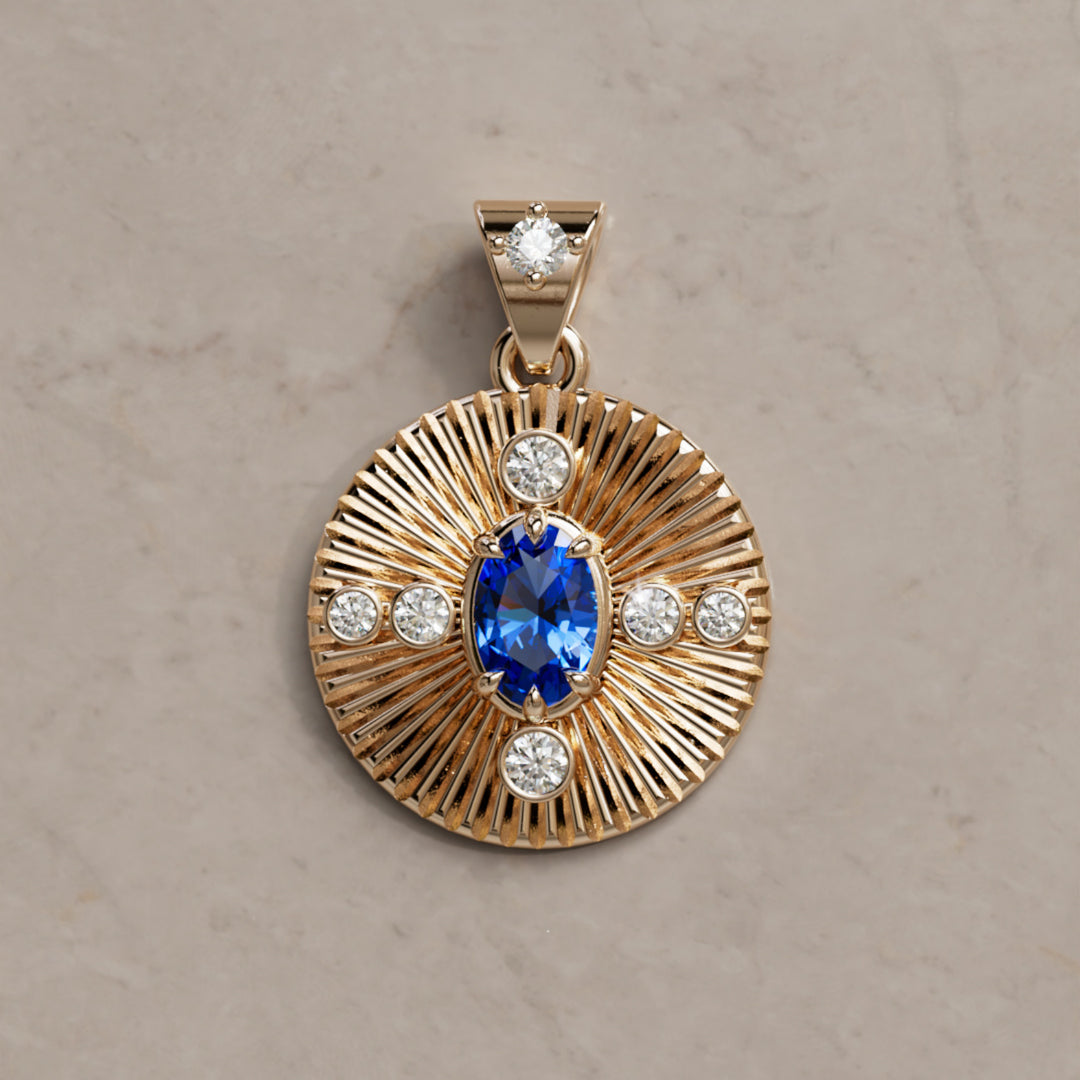Damona Fluted Coin Pendant with Blue Sapphire and Lab Diamonds By Valley Rose