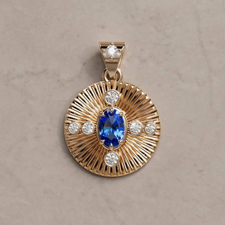 Damona Fluted Coin Pendant with Blue Sapphire and Lab Diamonds By Valley Rose