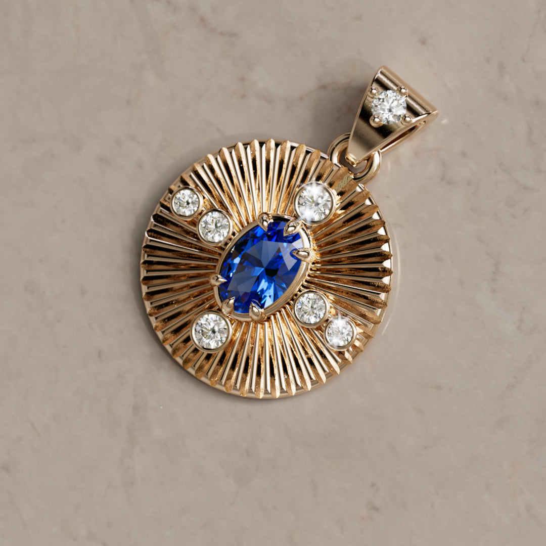 Damona Fluted Coin Pendant with Blue Sapphire and Lab Diamonds By Valley Rose