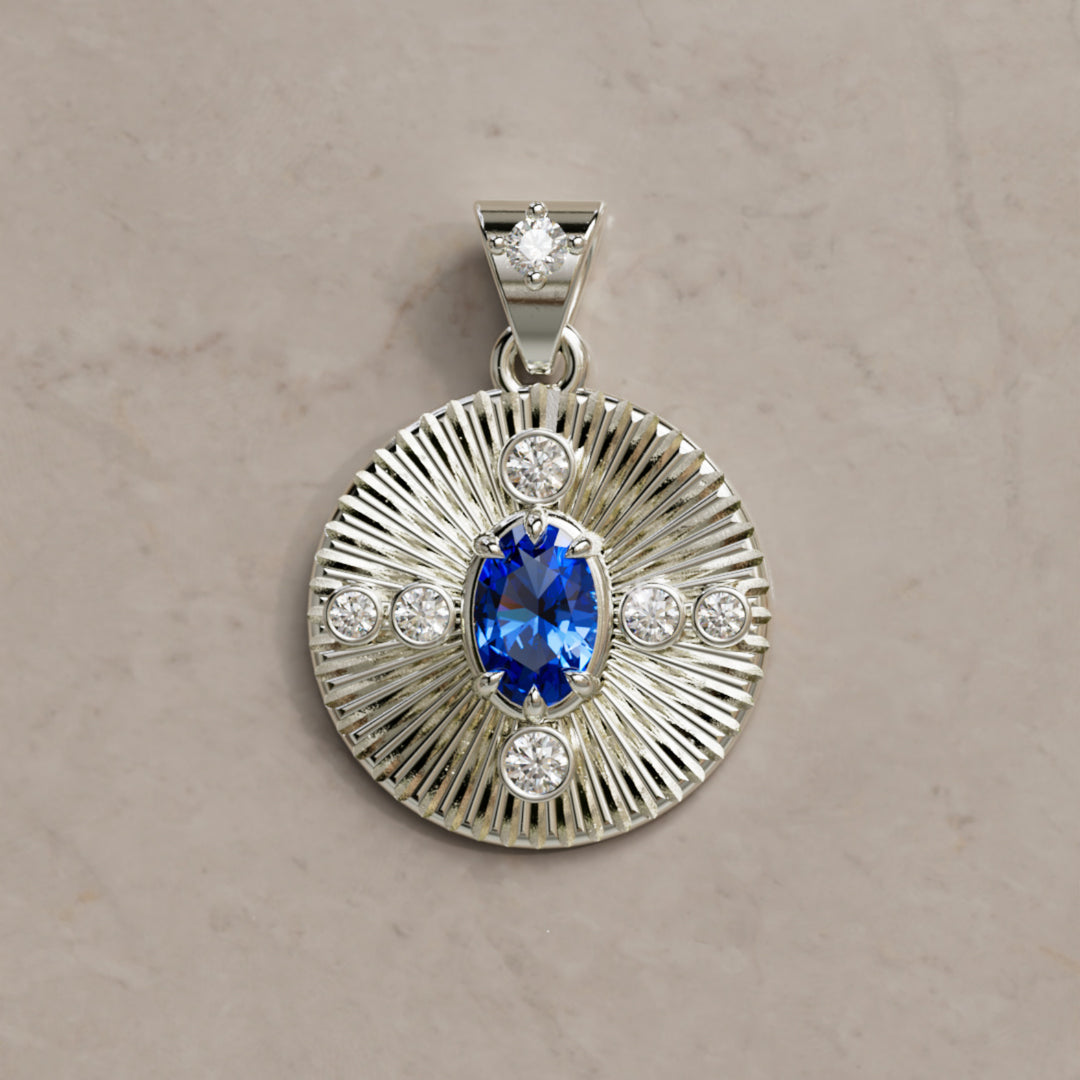 Damona Fluted Coin Pendant with Blue Sapphire and Lab Diamonds By Valley Rose