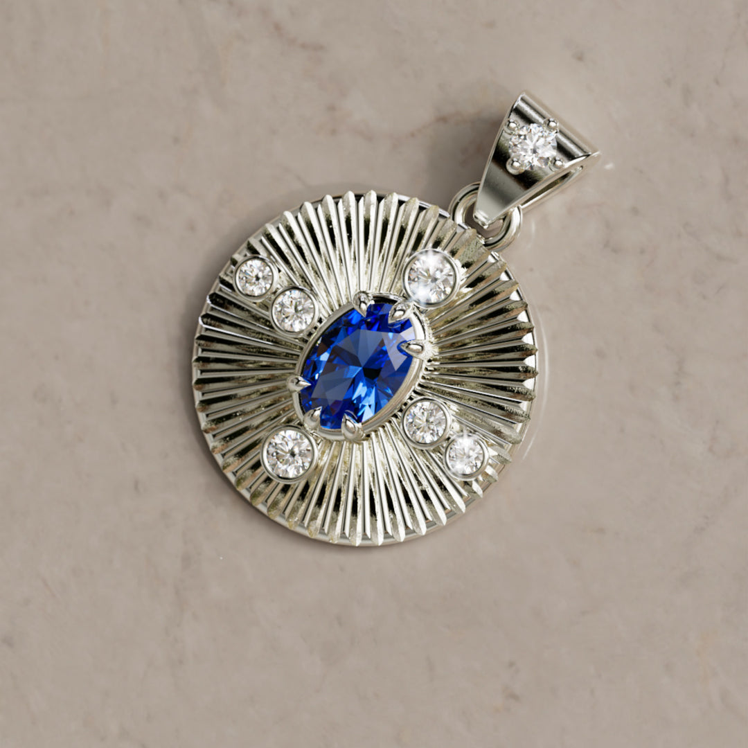 Damona Fluted Coin Pendant with Blue Sapphire and Lab Diamonds By Valley Rose