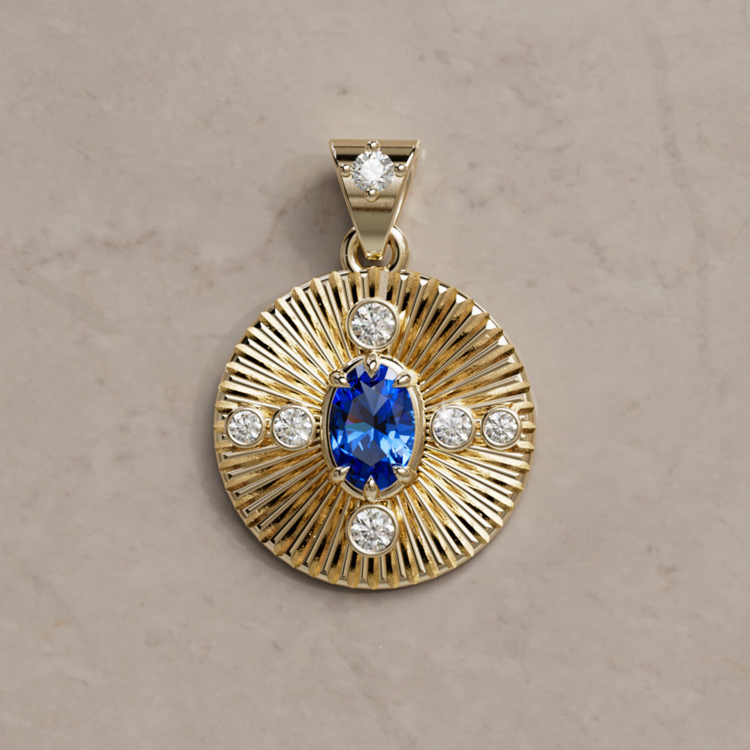 Damona Fluted Coin Pendant with Blue Sapphire and Lab Diamonds By Valley Rose